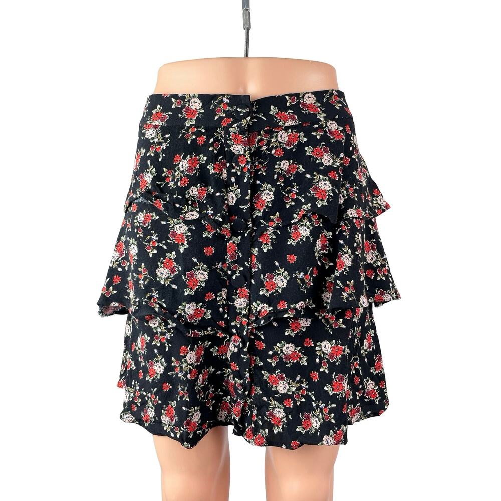 Zara Black Red Floral High Waisted Button Ruffle Tiered A Line Mini Skirt Size M